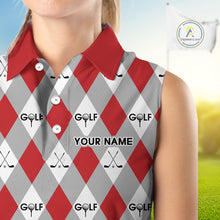 Load image into Gallery viewer, Red Argyle Plaid Pattern Womens Sleeveless Golf Polo Shirts Custom Golf Attire For Ladies, Team Golf Shirt NBT638