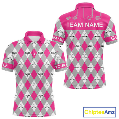 Pink Argyle Plaid Pattern Mens Golf Polo Shirts Custom Golf Attire For Men, Team Golf Shirt NBT639