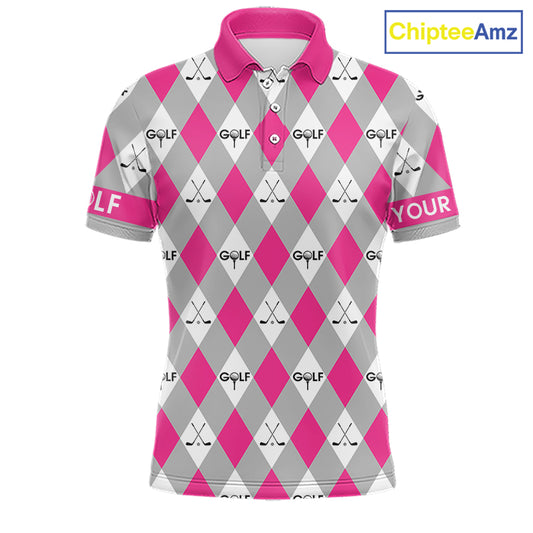 Pink Argyle Plaid Pattern Mens Golf Polo Shirts Custom Golf Attire For Men, Team Golf Shirt NBT639