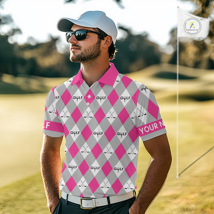 Pink Argyle Plaid Pattern Mens Golf Polo Shirts Custom Golf Attire For Men, Team Golf Shirt NBT639
