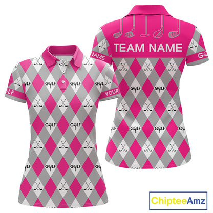 Pink Argyle Plaid Pattern Womens Golf Polo Shirts Custom Golf Attire For Ladies, Team Golf Shirt NBT639