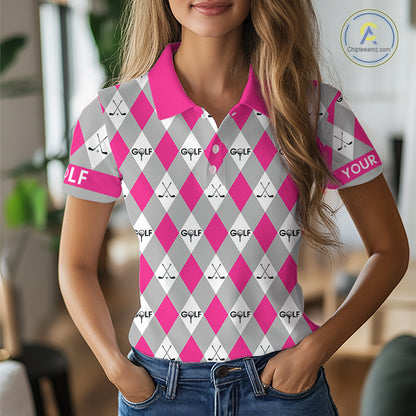 Pink Argyle Plaid Pattern Womens Golf Polo Shirts Custom Golf Attire For Ladies, Team Golf Shirt NBT639