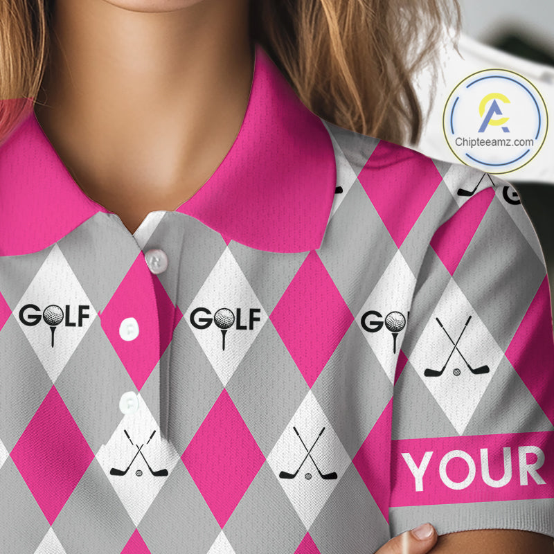 Pink Argyle Plaid Pattern Womens Golf Polo Shirts Custom Golf Attire For Ladies, Team Golf Shirt NBT639