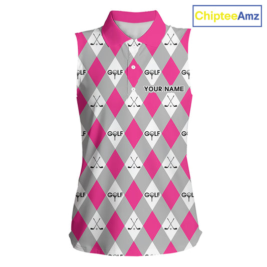 Pink Argyle Plaid Pattern Womens Sleeveless Golf Polo Shirts Custom Golf Attire For Ladies, Team Golf Shirt NBT639