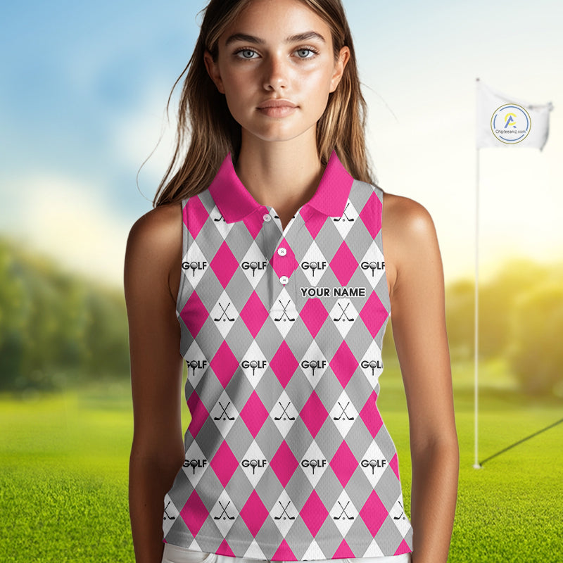 Pink Argyle Plaid Pattern Womens Sleeveless Golf Polo Shirts Custom Golf Attire For Ladies, Team Golf Shirt NBT639