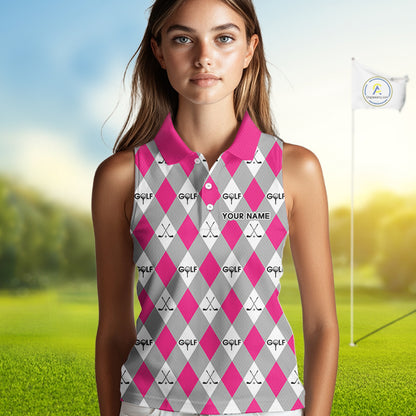 Pink Argyle Plaid Pattern Womens Sleeveless Golf Polo Shirts Custom Golf Attire For Ladies, Team Golf Shirt NBT639