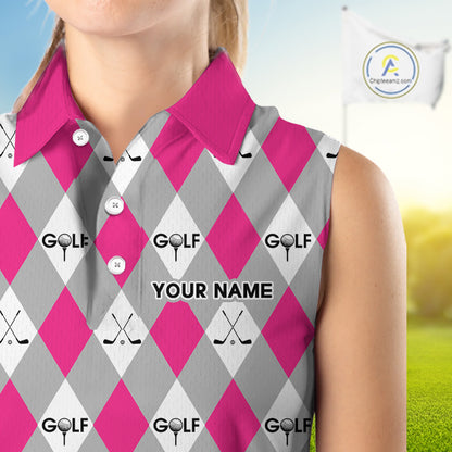 Pink Argyle Plaid Pattern Womens Sleeveless Golf Polo Shirts Custom Golf Attire For Ladies, Team Golf Shirt NBT639