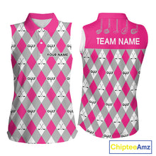 Load image into Gallery viewer, Pink Argyle Plaid Pattern Womens Sleeveless Golf Polo Shirts Custom Golf Attire For Ladies, Team Golf Shirt NBT639