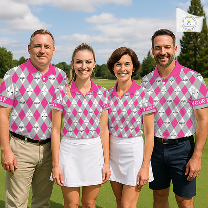 Pink Argyle Plaid Pattern Mens Golf Polo Shirts Custom Golf Attire For Men, Team Golf Shirt NBT639