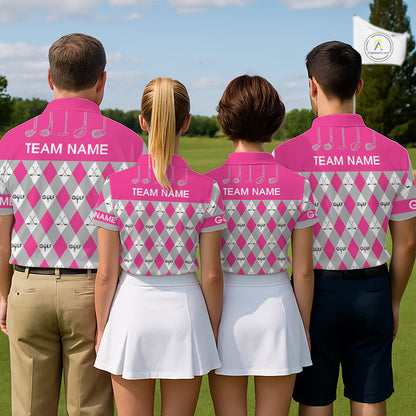Pink Argyle Plaid Pattern Mens Golf Polo Shirts Custom Golf Attire For Men, Team Golf Shirt NBT639
