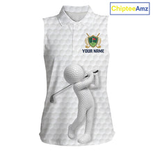 Load image into Gallery viewer, Front view Custom Name womens sleeveless golf polo shirt with unique golf ball pattern and personalized design