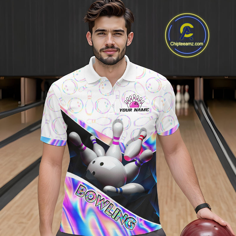 Man bowler wearing custom neon cosmic bowling team polo shirt on the lanes