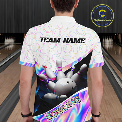 Man bowler wearing custom neon cosmic bowling team polo shirt on the lanes - back view