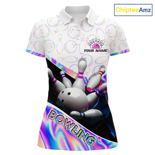 Front view of custom neon cosmic bowling shirt for women in team polo style