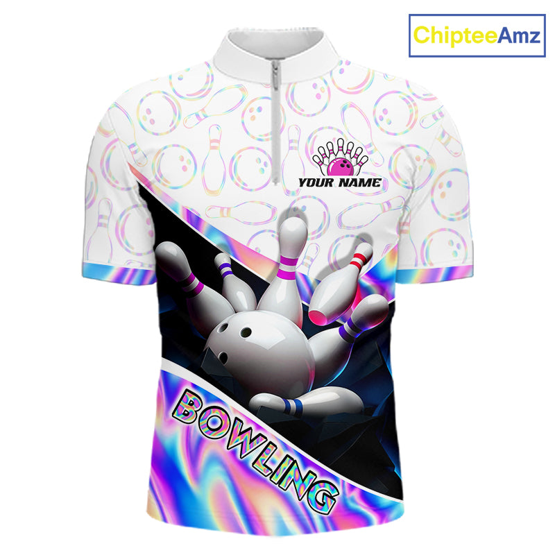 Front view of custom neon cosmic bowling quarter zip shirt for men with white zipper