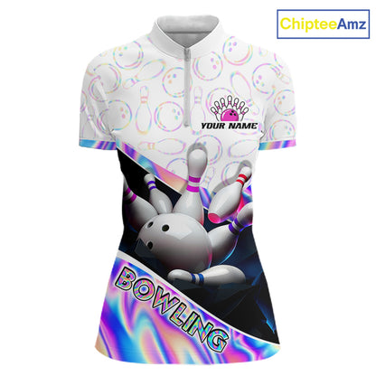 Front view of custom neon cosmic bowling quarter zip shirt for women with white zipper