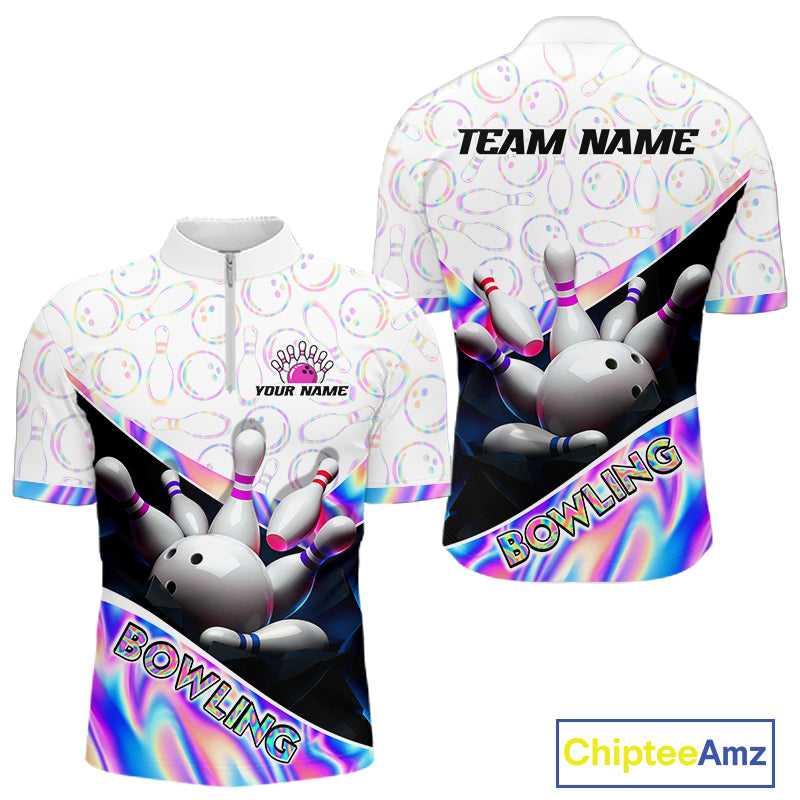 Front and back view of custom neon cosmic bowling quarter zip shirt for men with white zipper