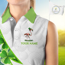 Load image into Gallery viewer, Close-up fabric of Funny Flamingo green clover pattern white womens sleeveless golf polo shirt St Patrick Day 
