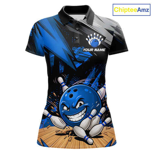 Custom Funny Bowling Ball  Bowling Women Polo & 1/4 Quarter Zip Shirt, Blue Bowling Team Shirt NBT928