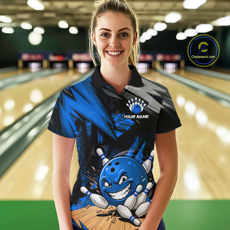 Custom Funny Bowling Ball  Bowling Women Polo & 1/4 Quarter Zip Shirt, Blue Bowling Team Shirt NBT928