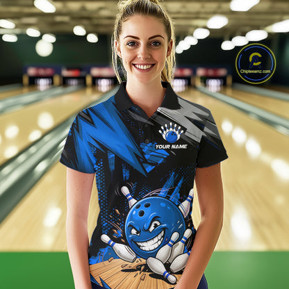 Custom Funny Bowling Ball  Bowling Women Polo & 1/4 Quarter Zip Shirt, Blue Bowling Team Shirt NBT928
