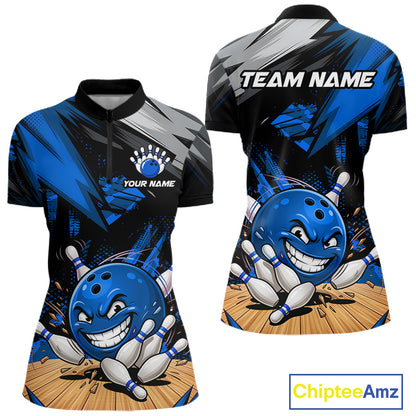 Custom Funny Bowling Ball  Bowling Women Polo & 1/4 Quarter Zip Shirt, Blue Bowling Team Shirt NBT928