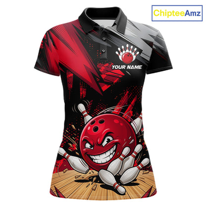 Custom Funny Bowling Ball  Bowling Women Polo & 1/4 Quarter Zip Shirt, Red Bowling Team Shirt NBT929