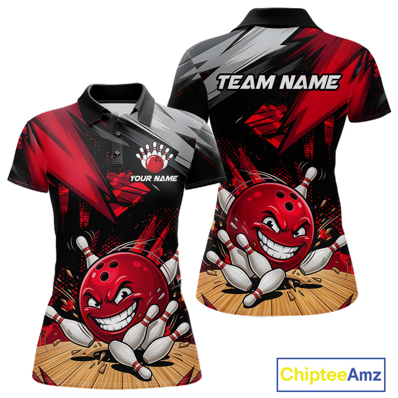 Custom Funny Bowling Ball  Bowling Women Polo & 1/4 Quarter Zip Shirt, Red Bowling Team Shirt NBT929