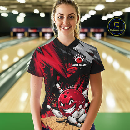 Custom Funny Bowling Ball  Bowling Women Polo & 1/4 Quarter Zip Shirt, Red Bowling Team Shirt NBT929