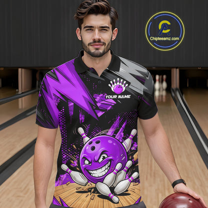 Custom Funny Bowling Ball  Bowling Men Polo & 1/4 Quarter Zip Shirt, Purple Bowling Team Shirt NBT930