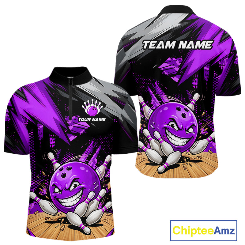 Custom Funny Bowling Ball  Bowling Men Polo & 1/4 Quarter Zip Shirt, Purple Bowling Team Shirt NBT930