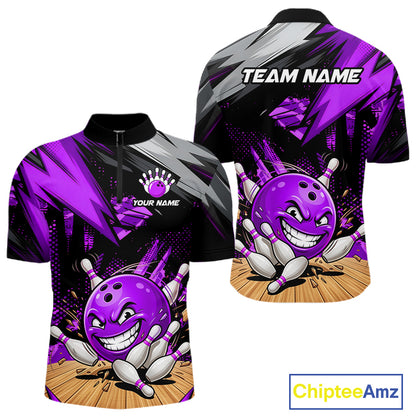 Custom Funny Bowling Ball  Bowling Men Polo & 1/4 Quarter Zip Shirt, Purple Bowling Team Shirt NBT930