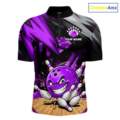 Custom Funny Bowling Ball  Bowling Men Polo & 1/4 Quarter Zip Shirt, Purple Bowling Team Shirt NBT930