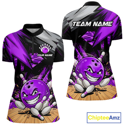 Custom Funny Bowling Ball  Bowling Women Polo & 1/4 Quarter Zip Shirt, Purple Bowling Team Shirt NBT930