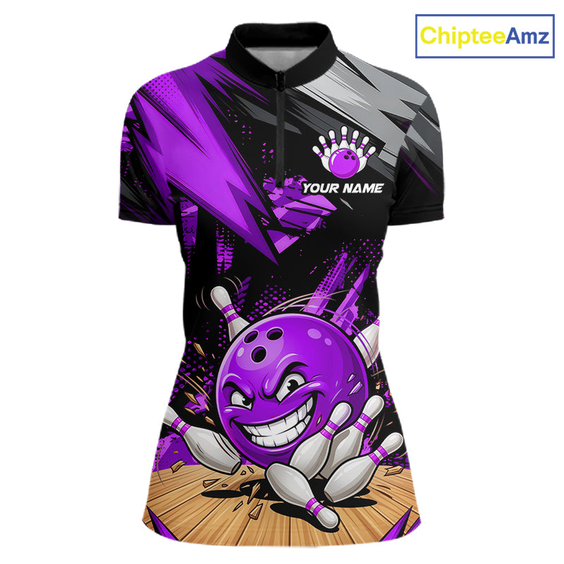Custom Funny Bowling Ball  Bowling Women Polo & 1/4 Quarter Zip Shirt, Purple Bowling Team Shirt NBT930
