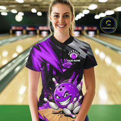 Custom Funny Bowling Ball  Bowling Women Polo & 1/4 Quarter Zip Shirt, Purple Bowling Team Shirt NBT930