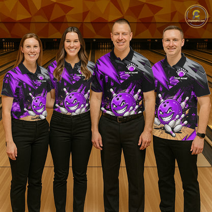 Custom Funny Bowling Ball  Bowling Men Polo & 1/4 Quarter Zip Shirt, Purple Bowling Team Shirt NBT930