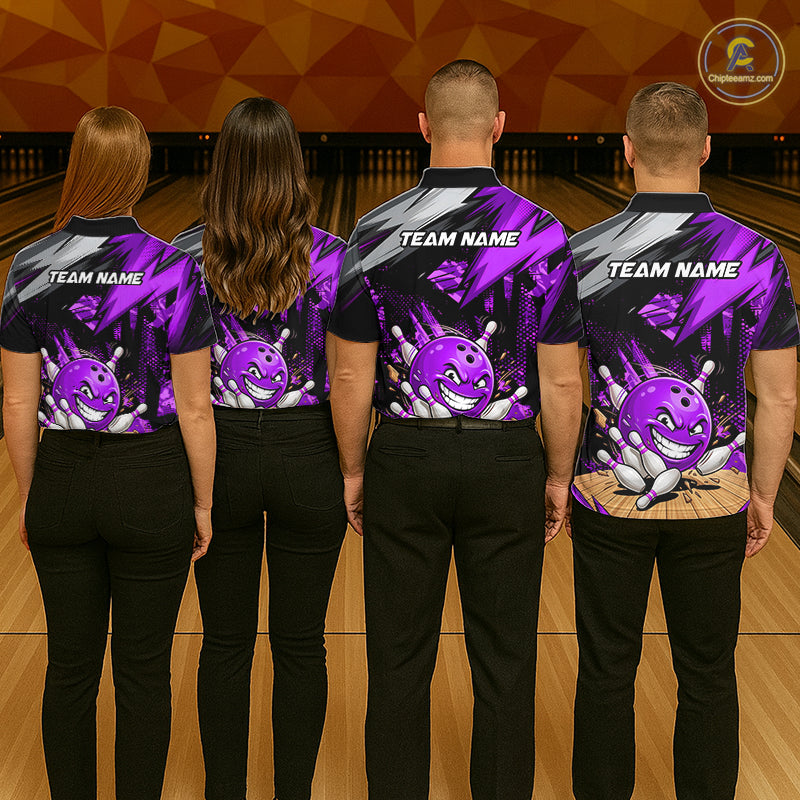 Custom Funny Bowling Ball  Bowling Men Polo & 1/4 Quarter Zip Shirt, Purple Bowling Team Shirt NBT930