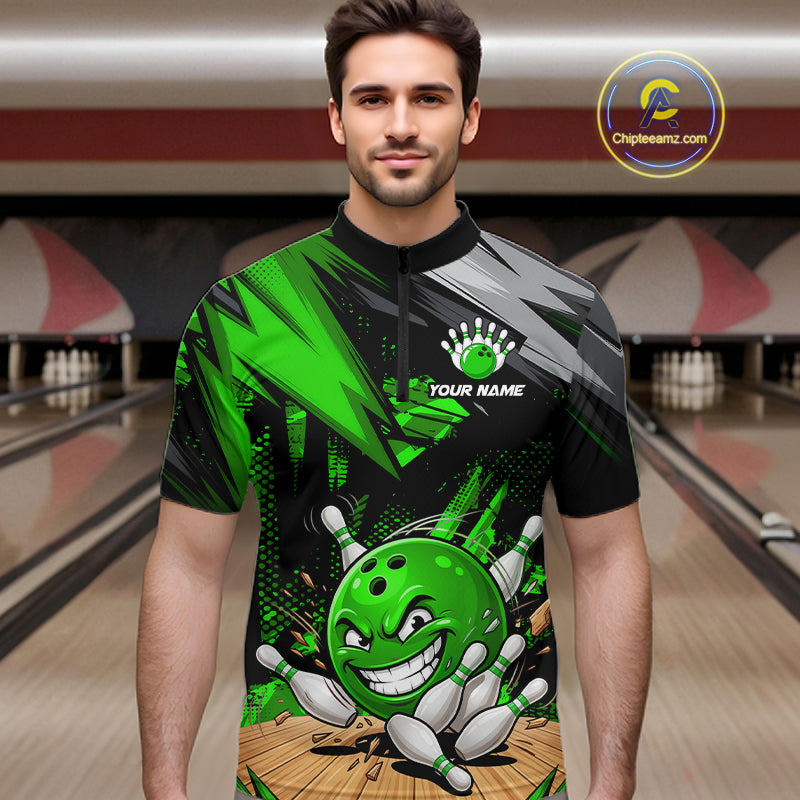 Custom Funny Bowling Ball  Bowling Men Polo & 1/4 Quarter Zip Shirt, Green Bowling Team Shirt NBT931