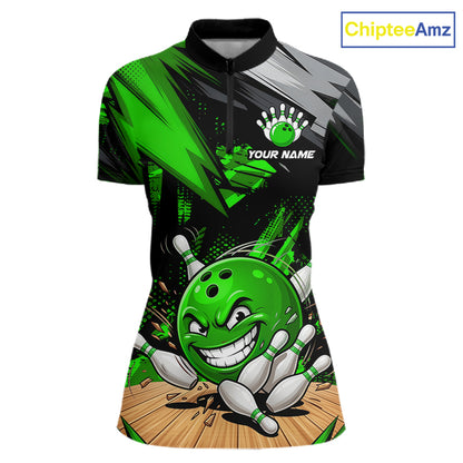 Custom Funny Bowling Ball  Bowling Women Polo & 1/4 Quarter Zip Shirt, Green Bowling Team Shirt NBT931
