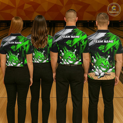 Custom Funny Bowling Ball  Bowling Men Polo & 1/4 Quarter Zip Shirt, Green Bowling Team Shirt NBT931