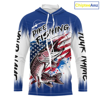 Personalized American Flag Northern Pike Long Sleeve Hooded Fishing Shirts, Patriotic Pike Fishing Jerseys|Blue NBT655