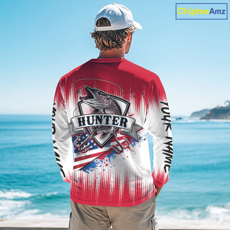 Personalized American Flag Northern Pike Fishing Shirts Long Sleeve, Patriotic Pike Fishing Jerseys|Red NBT656