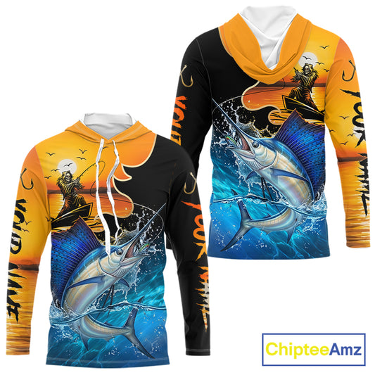 Sailfish long sleeve hooded fishing shirt with fishing reaper design