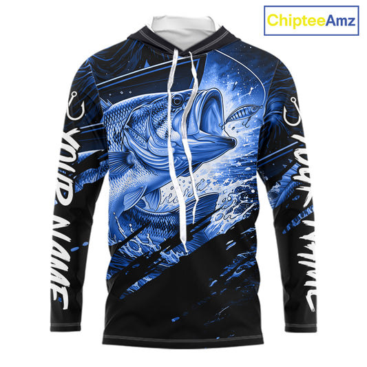 Long sleeve hooded fishing shirt with blue bass fish design on a black background