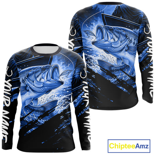 Long sleeve fishing shirt with blue bass fish design on a black background