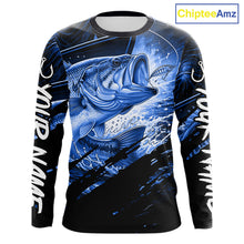 Load image into Gallery viewer, Long sleeve fishing shirt with blue bass fish design on a black background