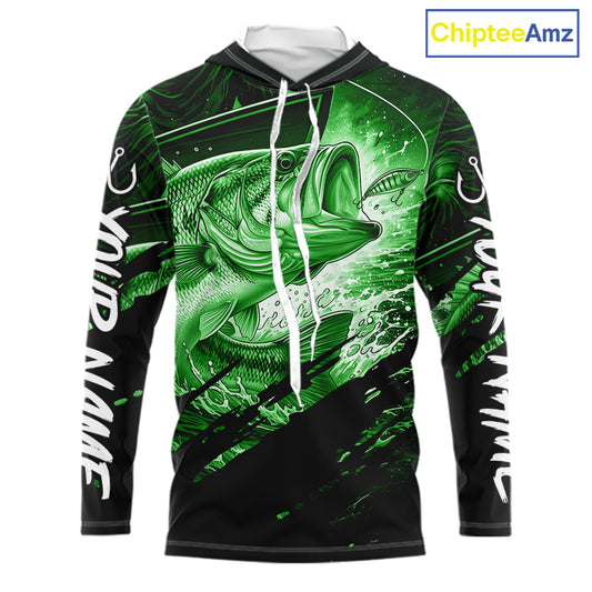 Long sleeve hooded fishing shirt with green bass fish design on a black background