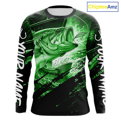 Long sleeve fishing shirt with green bass fish design on a black background