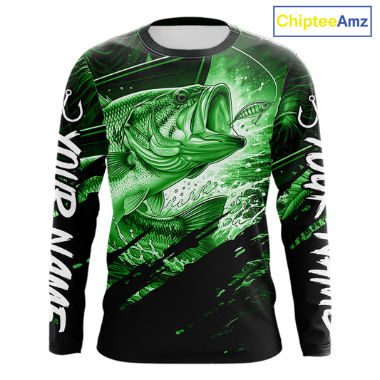 Long sleeve fishing shirt with green bass fish design on a black background